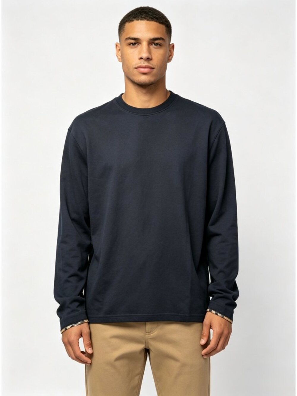 Burberry Men's Ellison Long-Sleeve Check Trim Cotton T-Shirt Navy Black L 810428